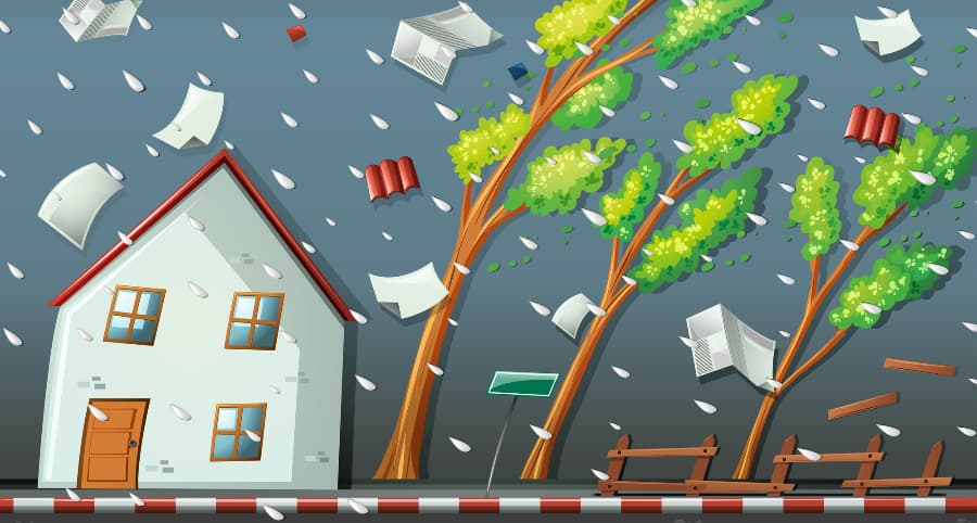 Representation of a storm striking a home and the surrounding environs